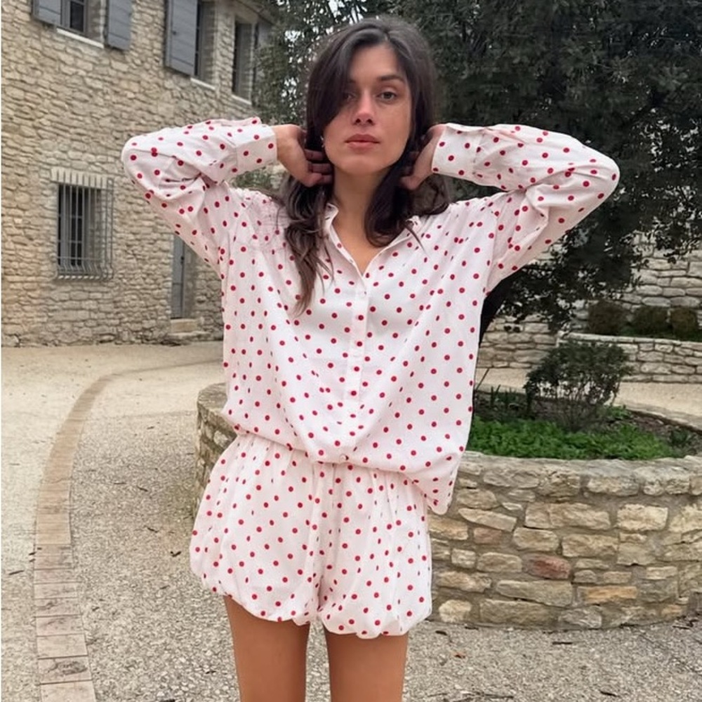 Nwt Posse Paloma Oversized Button Up Down Shirt Top Petite Polka Dot Red White